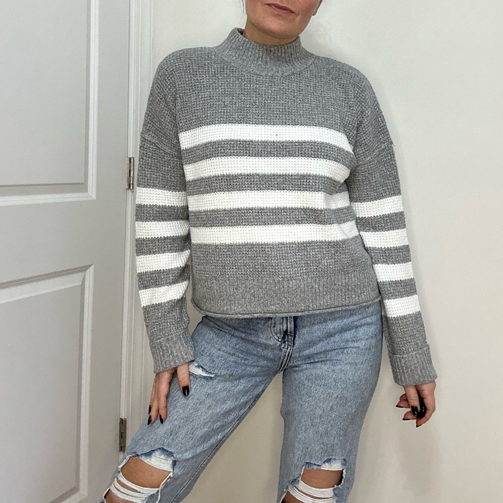 Waffle Texture Soft Knit Stripe Mock Neck Pullover Sweater